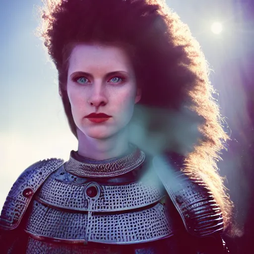 Prompt: head and shoulders portrait of a female knight, narrow face and high cheekbones, blue eyes, flowing red hair, dramatic lighting, cinematic lens flare, mist, 3 5 mm f 1. 4, kodachrome