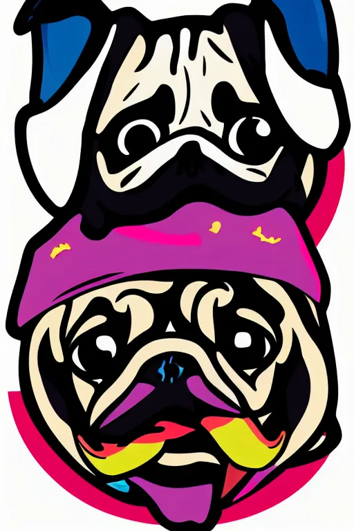 Image similar to Pug as a evil killer, sticker, colorful, illustration, highly detailed, simple, smooth and clean vector curves, no jagged lines, vector art, smooth