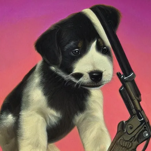 Image similar to a puppy with UV neon fur holding a gun.Painting by James Gurney