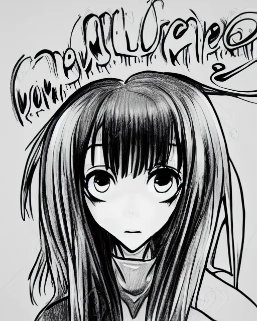 Image similar to awesome drawing of a beautiful girl with signature text jet, anime style