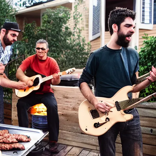 Prompt: three guys in night at the yard grilling kebabs and one guy playing guitar