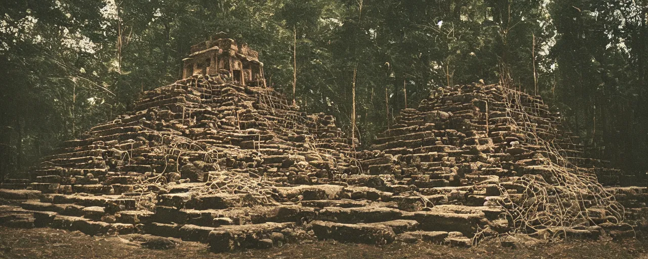 Image similar to an ancient aztec temple in the middle of the forest made out of spaghetti, canon 5 0 mm, cinematic lighting, photography, retro, film, kodachrome