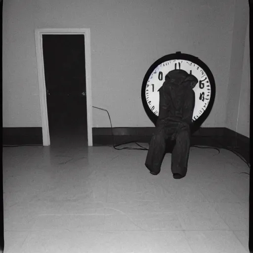 Image similar to cursed Photograph of an old number station playing an emergency warning, dust in the air, brown wood cabinets, SCP, taken using a film camera with 35mm expired film, bright camera flash enabled, award winning photograph, sleep paralysis demon crabwalking towards camera, creepy, liminal space, in the style of the movie Pulse