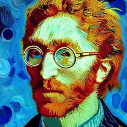 Prompt: an artistic portrait of john lennon, peaceful, friendly, high quality, studio photography, colorful, hero, heroic, beautiful, in the style of vincent van gogh