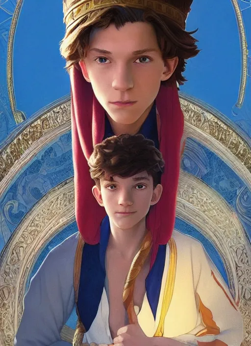 Image similar to skinny young tom holland as prince ali ababwa in the sultan's palace, cinematic lighting, path traced, highly detailed, high quality, beautiful painting, by don bluth and ross tran and studio ghibli and alphonse mucha, artgerm