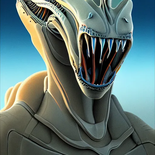 Image similar to professional concept art portrait of a predatory alien species on a depth of field background, by cam sykes. an intricate, elegant, highly detailed digital painting, concept art, smooth, sharp focus, illustration, in the style of syd mead.