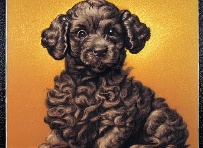 Prompt: baroque rococo painting The Holy Royal Poodle portrait Greg Hildebrandt high detail pastel cute puppy