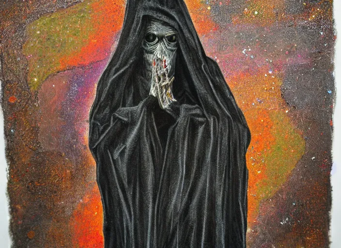 Prompt: dark figure in cloak, hooded shadow, oil, pastel, acrylic, oil on canvas, high detail, dots, stippling, clay, high resolution, clay, fractal, drip, drops, pulled apart, style of francis bacon, fractal paint