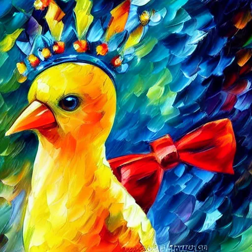 Prompt: an elegant yellow bird wearing a crown and a red bow tie in the style of leonid afremov, very very beautiful, impressionism, high quality, detailed, 4k