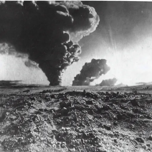 Image similar to a photo taken from inside of a trench showing a nuclear explosion in the distance, you can see the explosion's shockwave in the clouds, realistic, taken on a ww 2 camera.