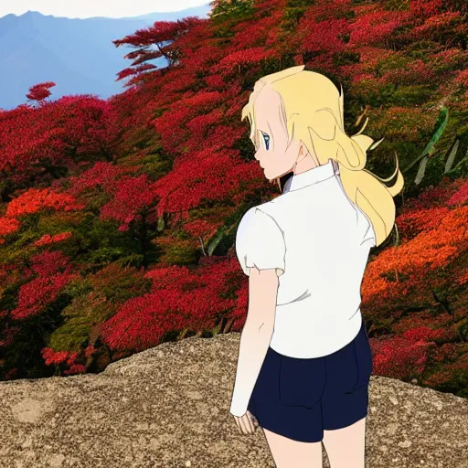 Image similar to a beautiful blond silver hair young woman standing on top of mount fuji in the style of Studio Ghibli and Makoto Shinkai