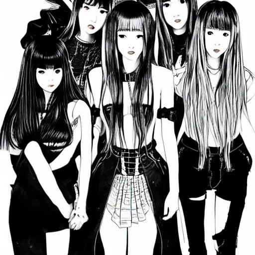 Image similar to blackpink k - pop group, wide angle, by kentaro miura