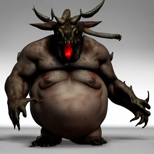 Image similar to fat ripped satanic creature, highly realistic, unreal engine, raytracing, masterpiece