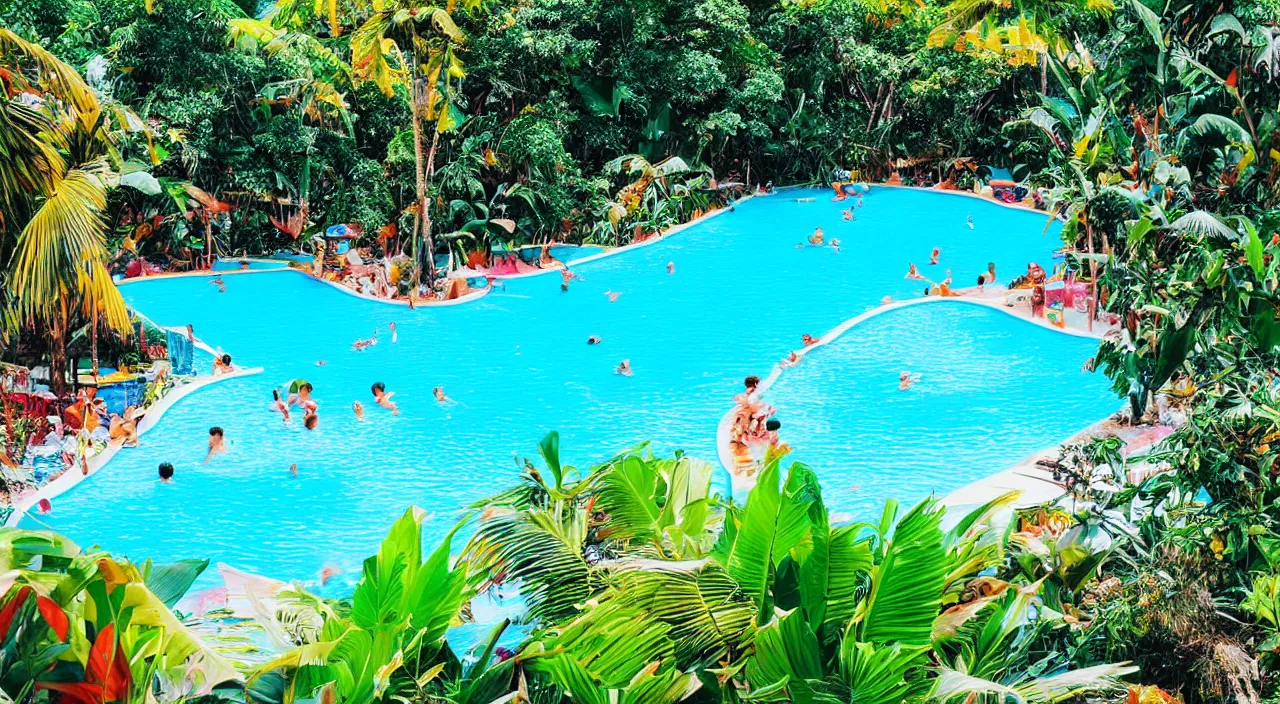 Image similar to a beautiful day at a tropical pool,colorised,photograph