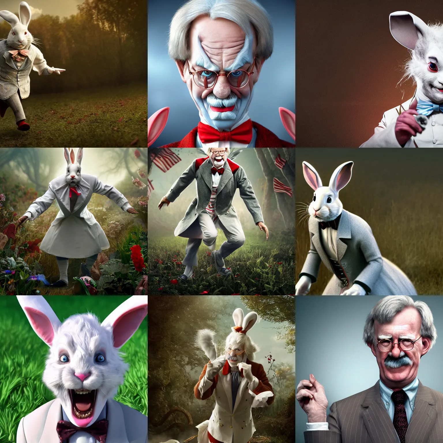 Prompt: John Bolton, U.S. National Security Advisor, as the white rabbit from 'Alice in Wonderland' escaping from a hunter , hyper-realistic, sharp focus, highly detailed, depth of field, High definition, 8k, octane render, artstation