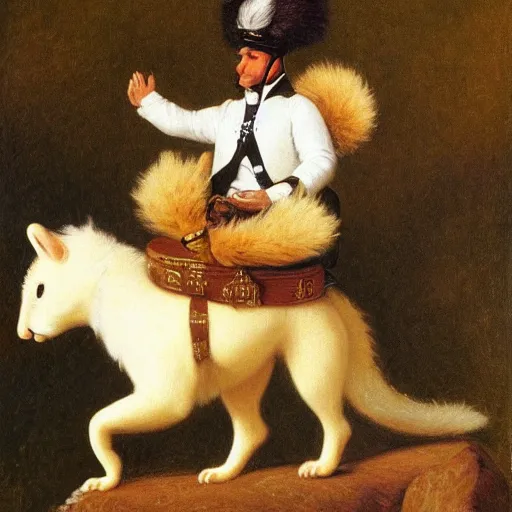 Prompt: a giant fluffy squirrel carrying napoleon bonaparte on its back, by sophie anderson