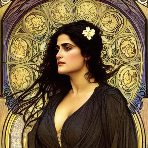 Image similar to detailed portrait art nouveau painting of salma hayek, by Alphonse Mucha, Michael Whelan, William Adolphe Bouguereau, John Williams Waterhouse,and Donato Giancola