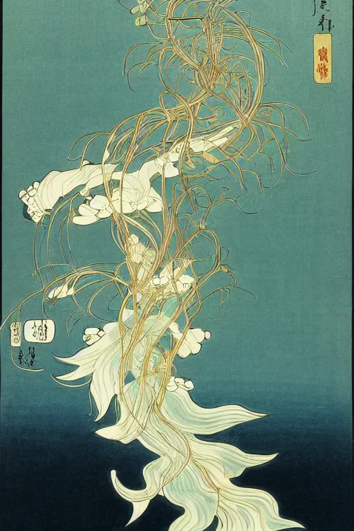 Prompt: ikebana of aquatic botanical plants and a graceful iridescent white betta fish with long swirling fins, black-water-background, traditional Japanese painting, hiroshige, artstation, alphonse-mucha