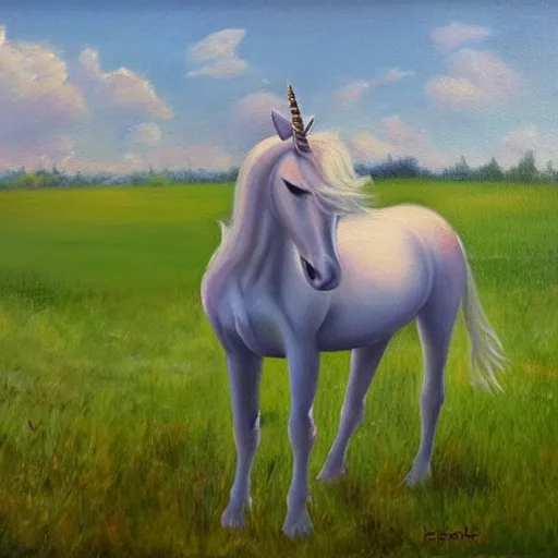 Prompt: Unicorn on meadow, oil painting