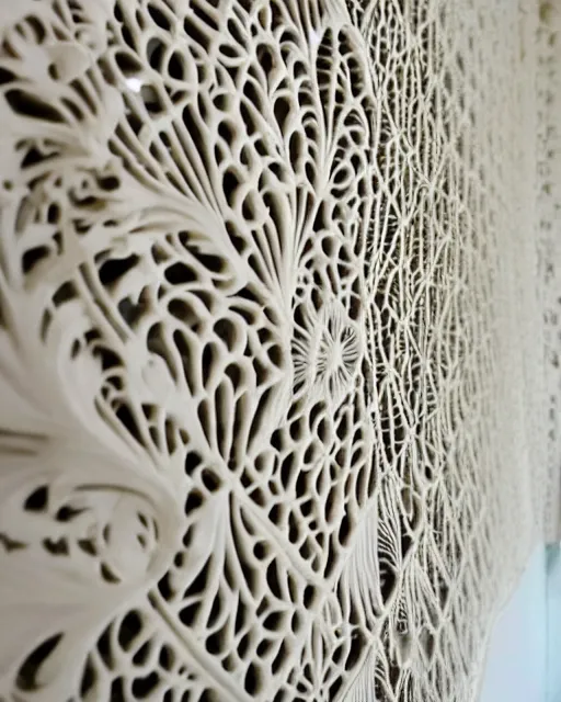 Image similar to wall craving filigree carved out of ivory about fishes fins scales