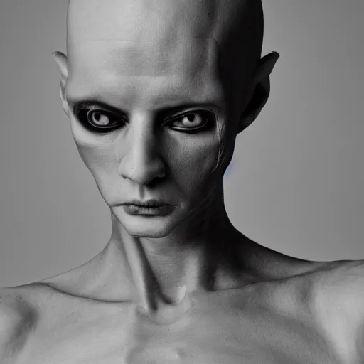 Prompt: fashion photography of a genderless deformed alien model, full body, photo 3 5 mm leica, hyperdetail, berghain, 8 k, very detailed, black and white