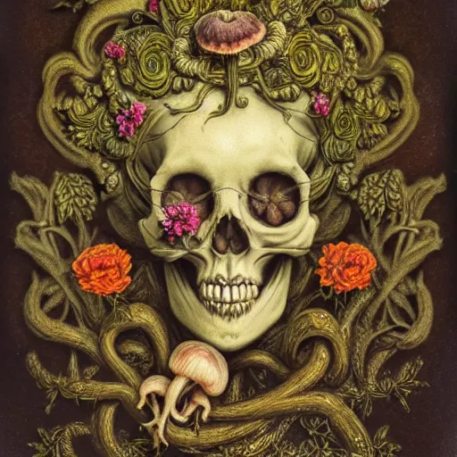 Image similar to a beautiful detailed front view rococo portrait of a rotten woman corpse becoming almost a skull with fractal plants and fractal flowers and mushrooms growing around, intricate, ornate, volumetric light, beautiful lit, polaroid photography, the northman