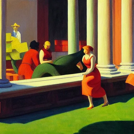 Prompt: high quality, high detail painting by edward hopper, high garden scene with quetzalcoatl, hd, muted lighting