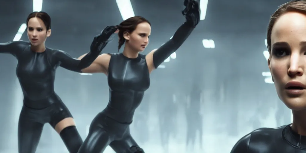 Image similar to Jennifer Lawrence fighting Natalie Portman in matrix, cinematic lighting, trending on artstation, 4k, hyperrealistic, focused, high details, unreal engine 5, cinematic