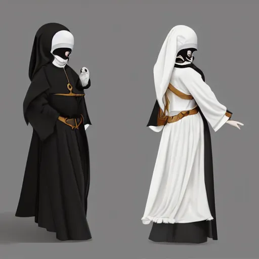 Image similar to female character design inspired by venice carnival and nun outfit, concept art, smooth