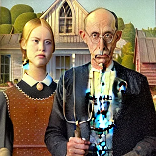 Image similar to Painting of Elle Fanning and Dakota fanning, American gothic style, by Grant Wood. 8K. Extremely detailed.