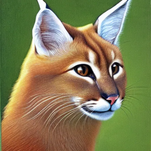 Image similar to fullbody portrait of cute fluffy caracal, wearing laurel wreath on his head, illustration, high detail, francine van hove