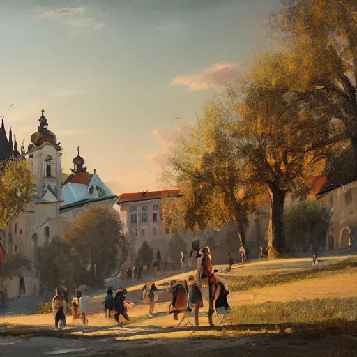 Image similar to a beautiful painting of banska stiavnica in summer with old houses and trees in sunset, sky, people walking on street, unreal engine, by greg rutkowski and james gurney, artstation