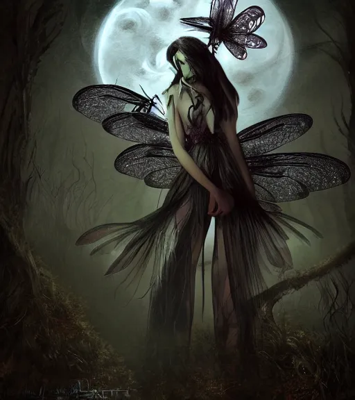 Image similar to gothic fairy with dragonfly wings, digital painting, liminal eerie midnight backlit, a picture taken by Michael Komarck