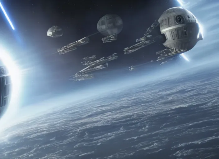 Image similar to film still of the death star hovering above earth in the new star wars movie, 4 k