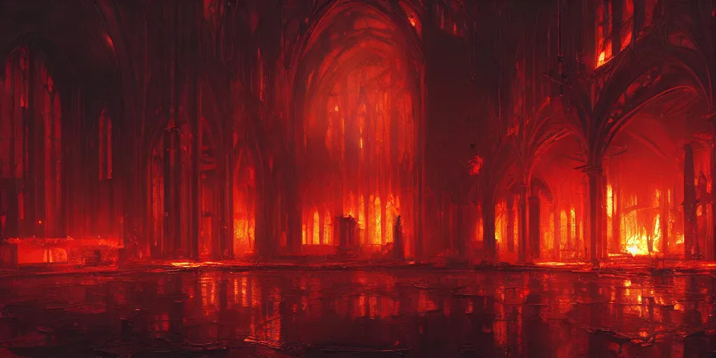 Prompt: An oil painting of the insides of a church as it is burning, red lighting, shattered glass, moody atmosphere, dark, by greg rutkowski, trending on artstation