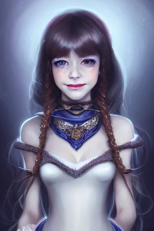 Image similar to portrait of a gorgeous young female artificer holding a strange device, looking at camera, D&D, choker on neck, stylish dress, mouth slightly open, cute slightly nerdy smile, very long flowing hair, intricate, elegant, stylish, fantasy, extremely detailed, digital painting, artstation, concept art, smooth, sharp focus, illustration, stunning lighting, art by artgerm and greg rutkowski and alphonse mucha and simon stalenhag