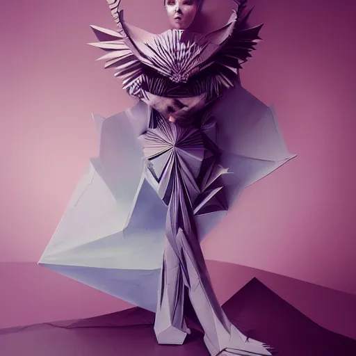 Image similar to 3 / 4 view of a female dancer wearing an origami dress, eye - level medium shot, elegant, by eiko ishioka, givenchy, philippe druillet, by peter mohrbacher, centered, fresh colors, origami, fashion, detailed illustration, vogue, high depth of field, japanese, reallusion character creator