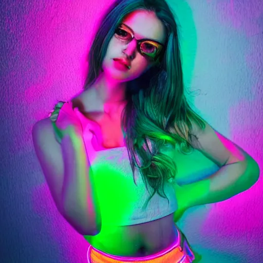 Prompt: a girl glowing with neon colors, high details, high modernization, high stylization, photo model