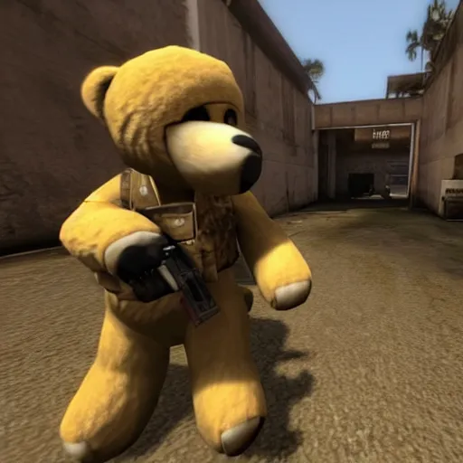 Prompt: a screenshot of a teddy bear inside a counter strike game, the teddy bear is holding a gun, the teddy bear is shooting another teddy bear