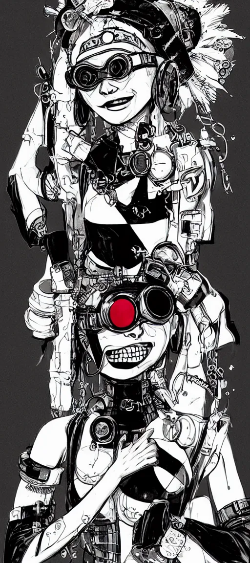 Image similar to a cybergoth woman wearing goggles and eccentric jewelry by jamie hewlett :: full body character concept art, detailed, intricate