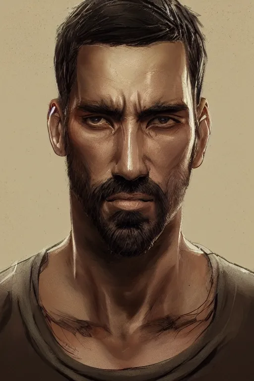 Image similar to very detailed portrait of a rugged man in his early thirties, strong jaws, latino features, wearing a black t - shirt, earthy color scheme, by wlop and krenz cushart and artem demura and artgerm, historical fiction, detailed eyes, starry background, trending, on artstation.