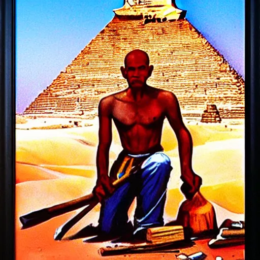 Prompt: a man cutting wood in front of egypt pyramids, painted by drew struzan