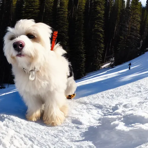 Prompt: a cream-colored havanese dog backcountry alpine skiing , gopro photo, 4k