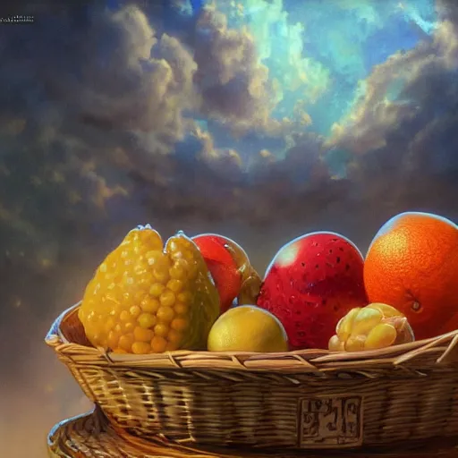 Image similar to photorealistic fruits basket in heaven, detailed, centered, digital painting, artstation, concept art, donato giancola, joseph christian leyendecker, wlop, boris vallejo, breathtaking, 8 k resolution, extremely detailed, beautiful, establishing shot, artistic, hyperrealistic, beautiful face, octane render, cinematic lighting, dramatic lighting, masterpiece