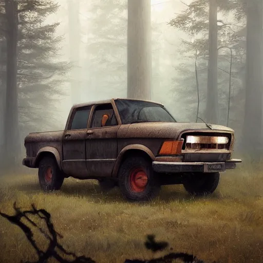 Image similar to a pickup truck in the woods, digital art by ruan jia and mandy jurgens and artgerm, highly detailed, trending on artstation, award winning