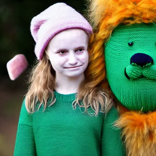 Image similar to she is a girl with a bird representing puberty on her face spots. he is used to dressing up as a tomboy and wearing a hat knitted hat, wearing green sweater, a beautiful blonde hair makes him look like a little lion with brute force.