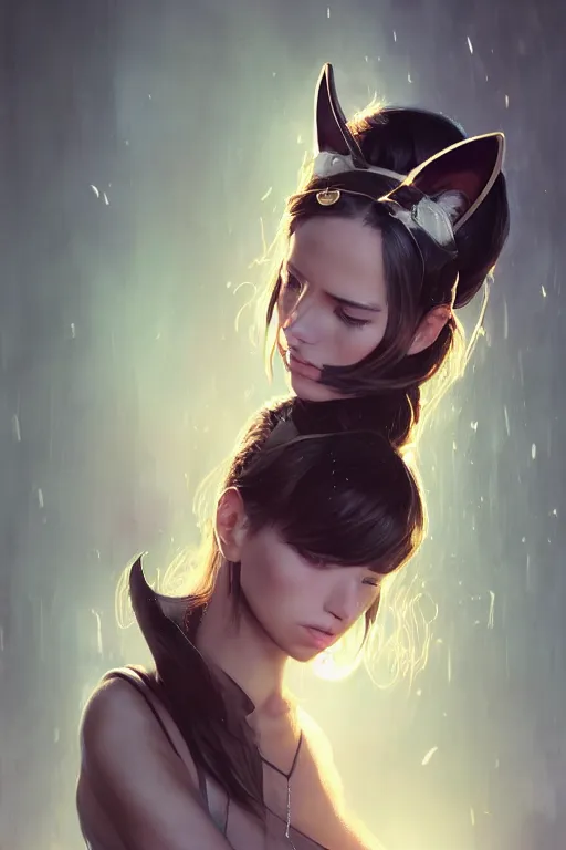 Image similar to A fancy portrait of an attractive women with cat ears by Greg Rutkowski, beeple, Sung Choi, Mitchell Mohrhauser, Maciej Kuciara, Johnson Ting, Maxim Verehin, Peter Konig, final fantasy, macro lens , 8k photorealistic, cinematic lighting, HD, high details, dramatic, dark atmosphere, trending on artstation