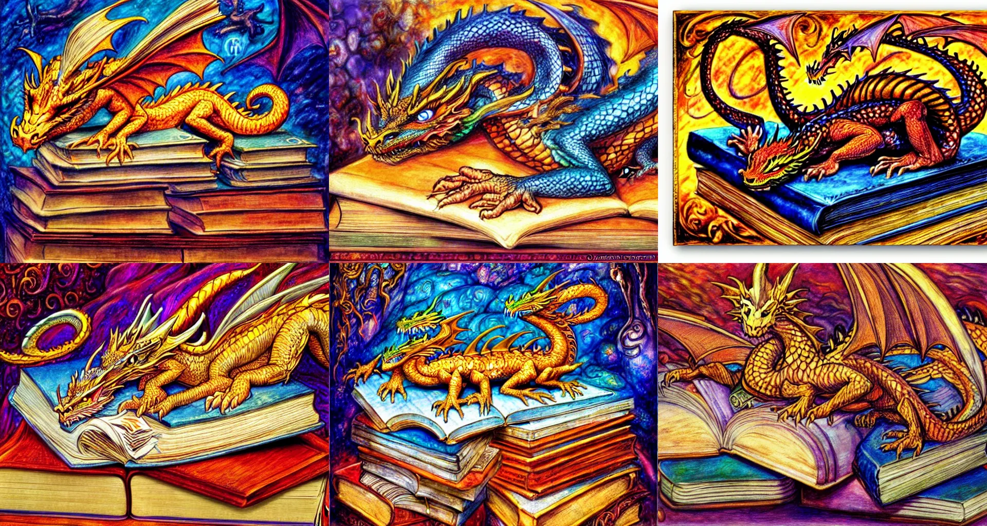 Prompt: A dragon sleeping on a pile of books, by Josephine Wall.