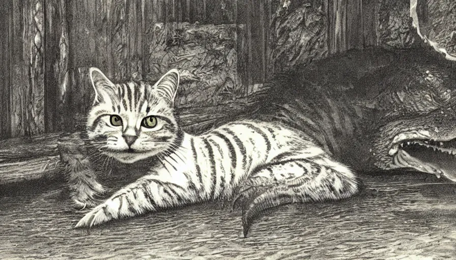 Image similar to bernie wrightson tabby cat morphed with alligator swimming pool sepia tone