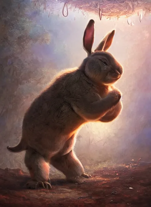 Prompt: hyper realistic, a cute adorable happy masculine big chungus, inside a dreamscape, extremely large eyes, background painted by greg rutkowski, artgerm, soft lighting, analogous colors,